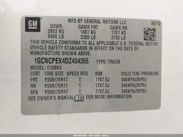 2013 Chevrolet Silverado 1500 Work Truck მანქანა იყიდება აუქციონზე, vin: 1GCNCPEX4DZ404366, აუქციონის ნომერი: 46073881