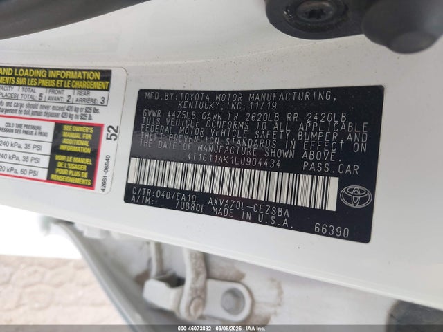 Aukcja sprzedaży 2020 Toyota Camry Se, vin: 4T1G11AK1LU904434, numer aukcji: 46073882