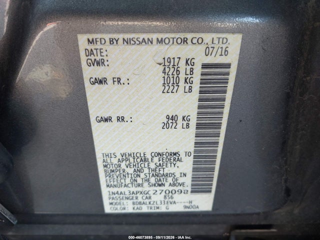 Aukcja sprzedaży 2016 Nissan Altima 2.5 Sv, vin: 1N4AL3APXGC270098, numer aukcji: 46073895