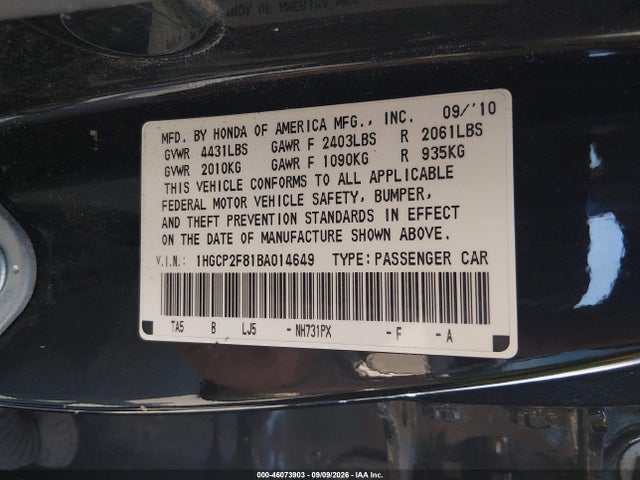 Aukcja sprzedaży 2011 Honda Accord 2.4 Ex-l, vin: 1HGCP2F81BA014649, numer aukcji: 46073903