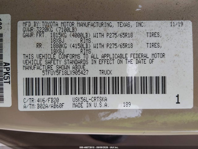 2020 Toyota Tundra Sr5 მანქანა იყიდება აუქციონზე, vin: 5TFUY5F18LX905427, აუქციონის ნომერი: 46073910
