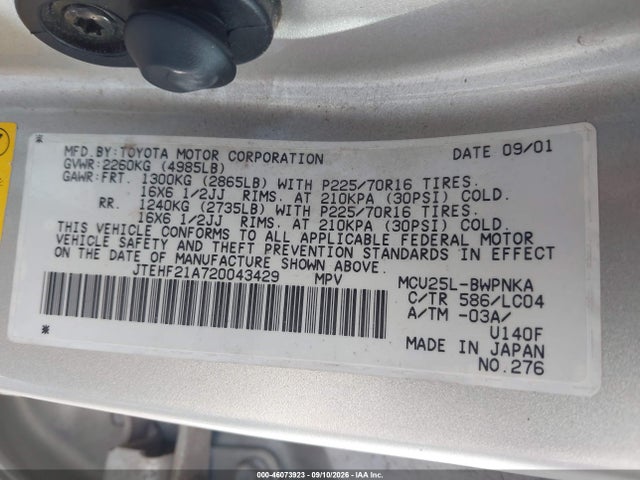 Продаж на аукціоні авто 2002 Toyota Highlander Limited V6, vin: JTEHF21A720043429, номер лоту: 46073923