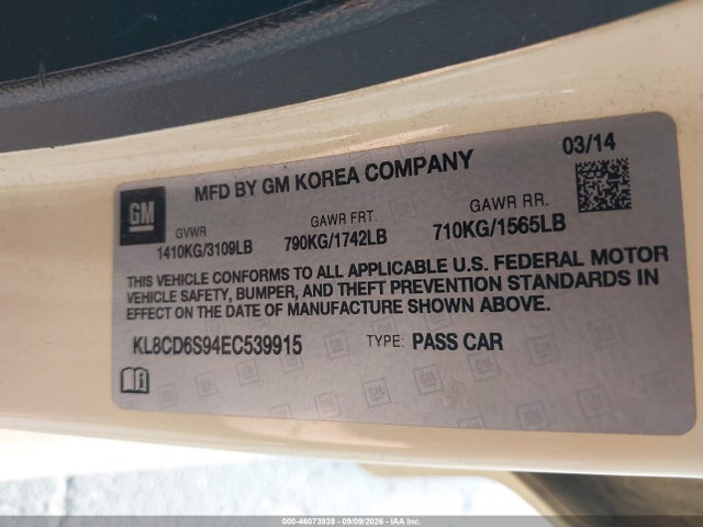 46073939 :رقم المزاد ، KL8CD6S94EC539915 vin ، 2014 Chevrolet Spark 1lt Auto مزاد بيع