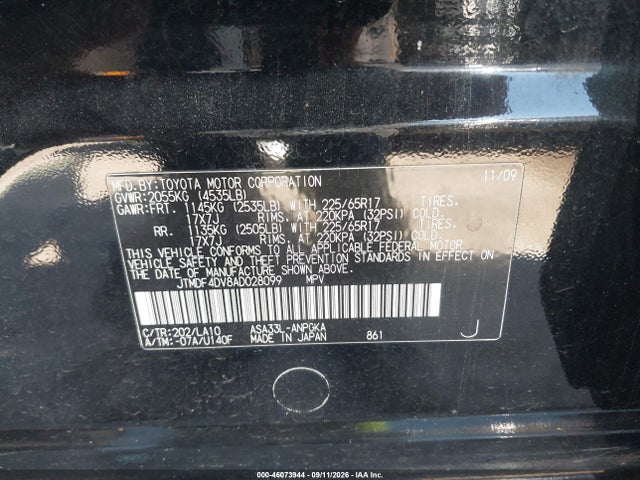 46073944 :رقم المزاد ، JTMDF4DV8AD028099 vin ، 2010 Toyota Rav4 Limited مزاد بيع