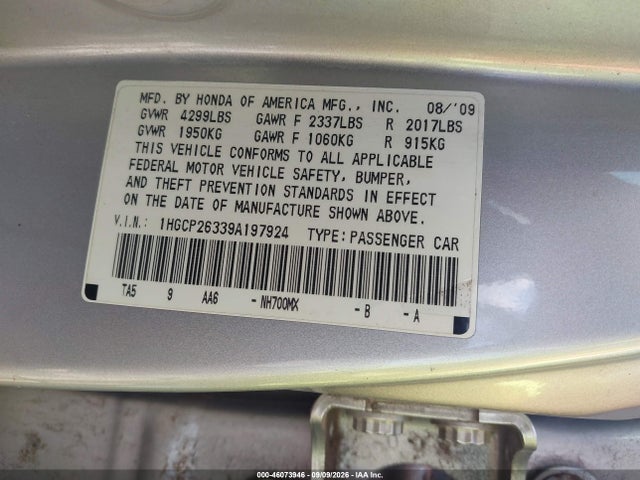 46073946 :رقم المزاد ، 1HGCP26339A197924 vin ، 2009 Honda Accord 2.4 Lx مزاد بيع