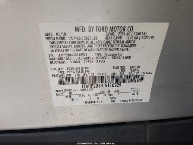 Auction sale of the 2018 Ford Taurus Se, vin: 1FAHP2D84JG110929, lot number: 46073950