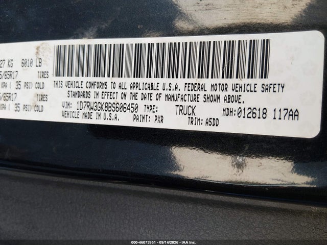 46073951 :رقم المزاد ، 1D7RW3GK8BS606450 vin ، 2011 Ram Dakota Bighorn/lonestar مزاد بيع