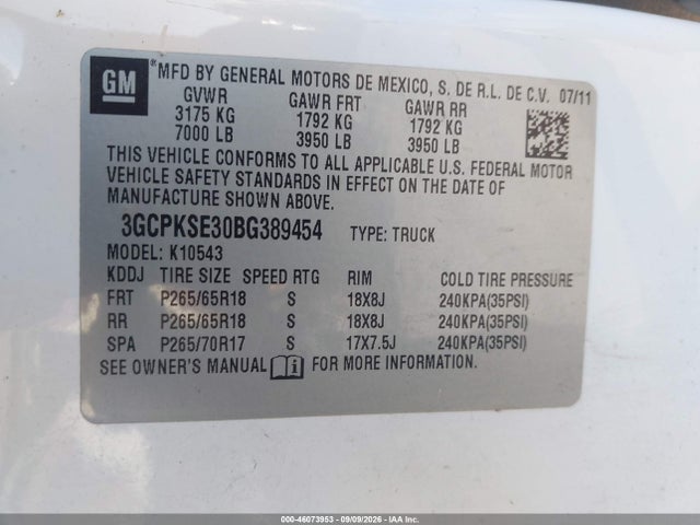 2011 Chevrolet Silverado 1500 Lt მანქანა იყიდება აუქციონზე, vin: 3GCPKSE30BG389454, აუქციონის ნომერი: 46073953