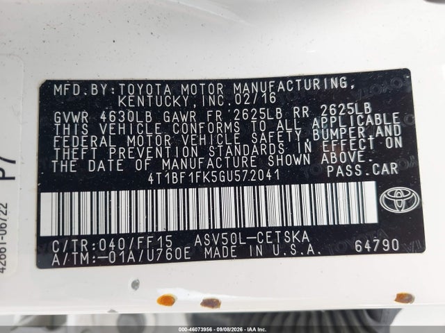 Aukcja sprzedaży 2016 Toyota Camry Se, vin: 4T1BF1FK5GU572041, numer aukcji: 46073956