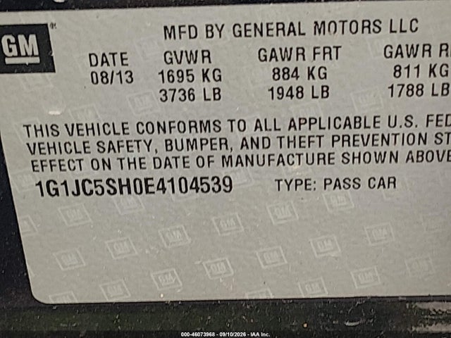 46073968 :رقم المزاد ، 1G1JC5SH0E4104539 vin ، 2014 Chevrolet Sonic Lt Auto مزاد بيع