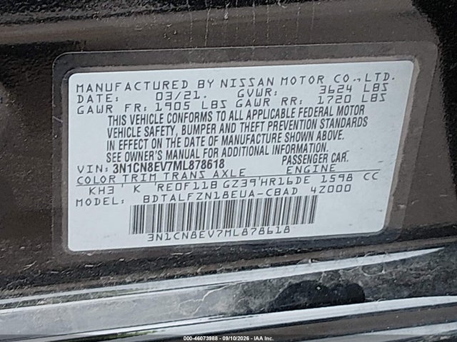 Aukcja sprzedaży 2021 Nissan Versa Sv Xtronic Cvt, vin: 3N1CN8EV7ML878618, numer aukcji: 46073988