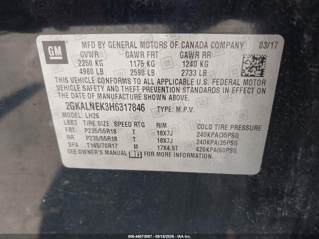 Продаж на аукціоні авто 2017 Gmc Terrain Sle-2, vin: 2GKALNEK3H6317846, номер лоту: 46073997