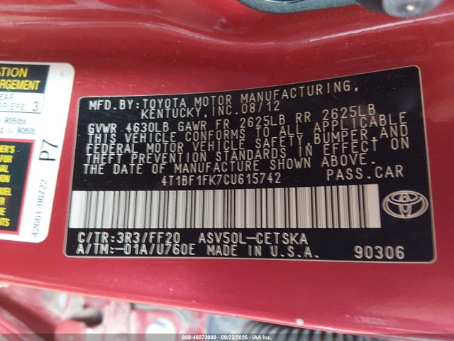 Aukcja sprzedaży 2012 Toyota Camry Se, vin: 4T1BF1FK7CU615742, numer aukcji: 46073999