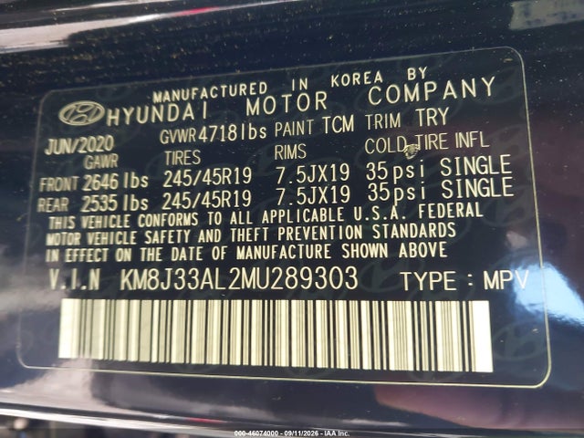 Продажа на аукционе авто 2021 Hyundai Tucson Sport, vin: KM8J33AL2MU289303, номер лота: 46074000