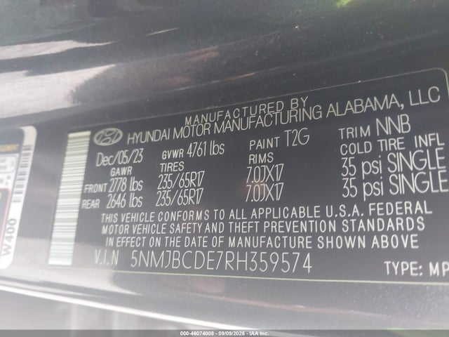 2024 Hyundai Tucson Sel მანქანა იყიდება აუქციონზე, vin: 5NMJBCDE7RH359574, აუქციონის ნომერი: 46074008