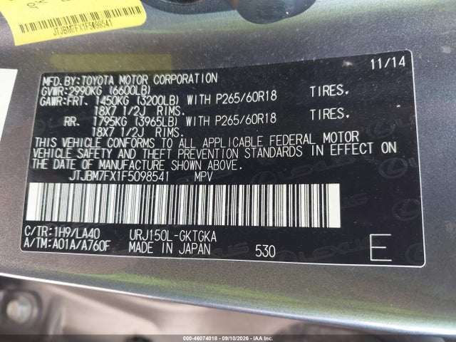 46074018 :رقم المزاد ، JTJBM7FX1F5098541 vin ، 2015 Lexus Gx 460 مزاد بيع