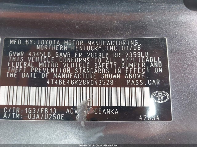 46074023 :رقم المزاد ، 4T4BE46K28R043528 vin ، 2008 Toyota Camry Le مزاد بيع