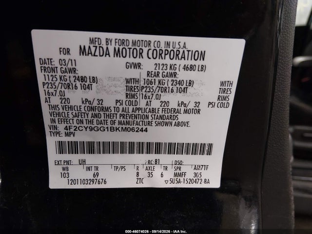 Aukcja sprzedaży 2011 Mazda Tribute S Grand Touring, vin: 4F2CY9GG1BKM06244, numer aukcji: 46074026