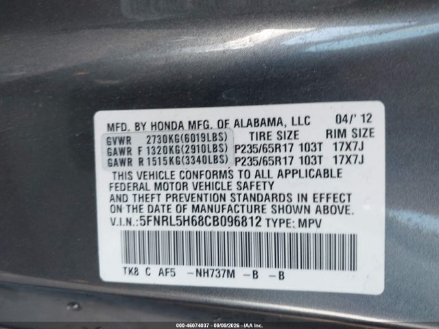 Aukcja sprzedaży 2012 Honda Odyssey Ex-l, vin: 5FNRL5H68CB096812, numer aukcji: 46074037