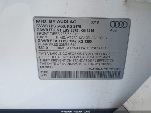 Продаж на аукціоні авто 2018 Audi Q5 2.0t Premium/2.0t Tech Premium, vin: WA1BNAFYXJ2206665, номер лоту: 46074047
