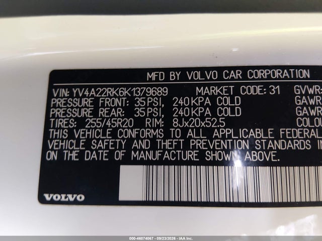 Продажа на аукционе авто 2019 Volvo Xc60 T6 Momentum, vin: YV4A22RK6K1379689, номер лота: 46074067