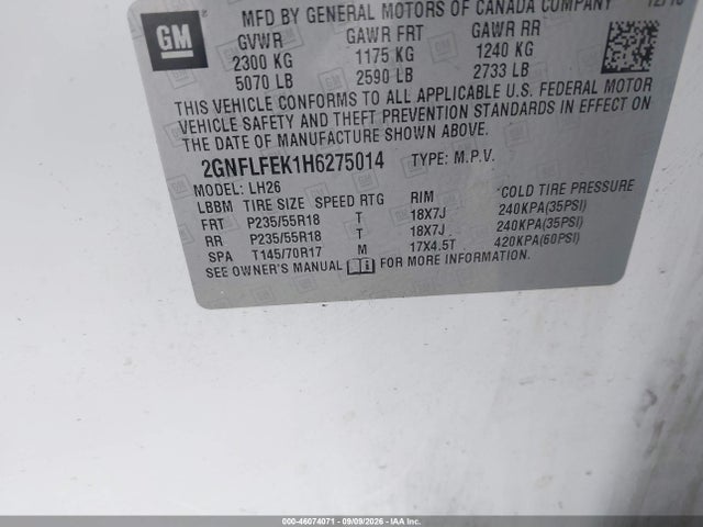 2017 Chevrolet Equinox Lt მანქანა იყიდება აუქციონზე, vin: 2GNFLFEK1H6275014, აუქციონის ნომერი: 46074071