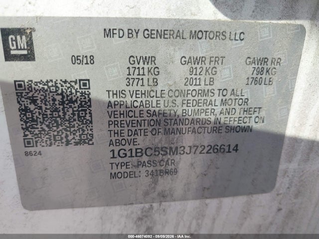 46074092 :رقم المزاد ، 1G1BC5SM3J7226614 vin ، 2018 Chevrolet Cruze Ls Auto مزاد بيع