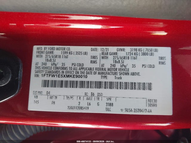 2021 Ford F-150 Xlt მანქანა იყიდება აუქციონზე, vin: 1FTFW1E5XMKE90010, აუქციონის ნომერი: 46074133