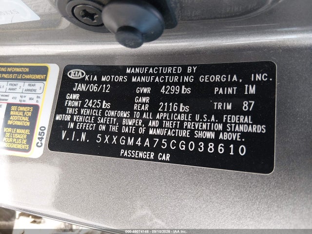 2012 Kia Optima Lx მანქანა იყიდება აუქციონზე, vin: 5XXGM4A75CG038610, აუქციონის ნომერი: 46074146