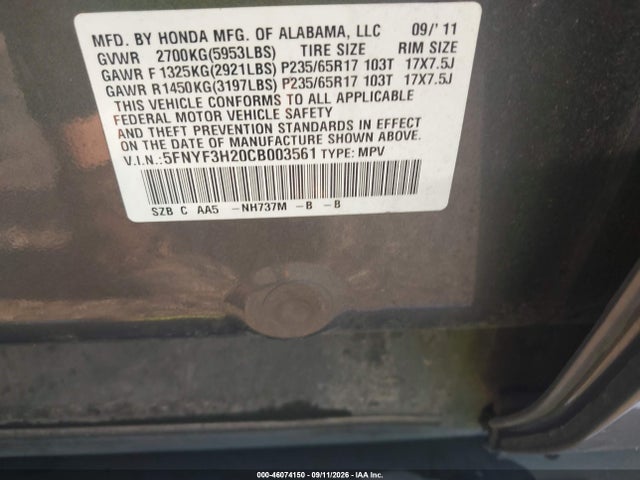 46074150 :رقم المزاد ، 5FNYF3H20CB003561 vin ، 2012 Honda Pilot Lx مزاد بيع
