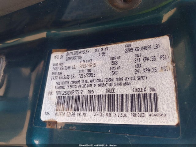 46074152 :رقم المزاد ، 1B7FL26X2XS217212 vin ، 1999 Dodge Dakota Slt/sport مزاد بيع