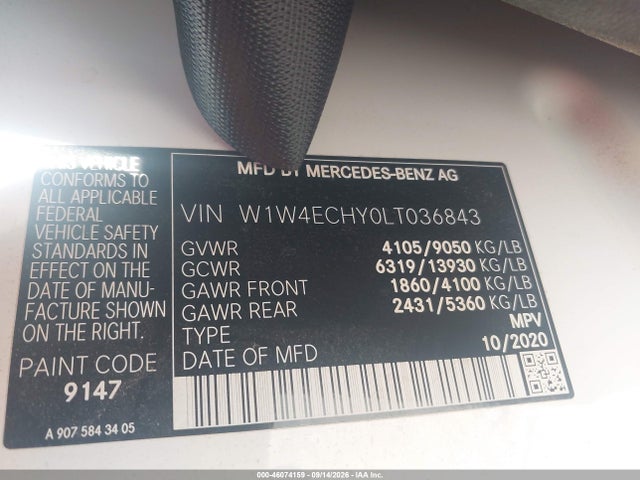 Aukcja sprzedaży 2020 Mercedes-benz Sprinter 2500 High Roof V6, vin: W1W4ECHY0LT036843, numer aukcji: 46074159