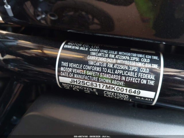 2021 Honda Cmx1100 D მანქანა იყიდება აუქციონზე, vin: JH2SC8317MK001649, აუქციონის ნომერი: 46074160