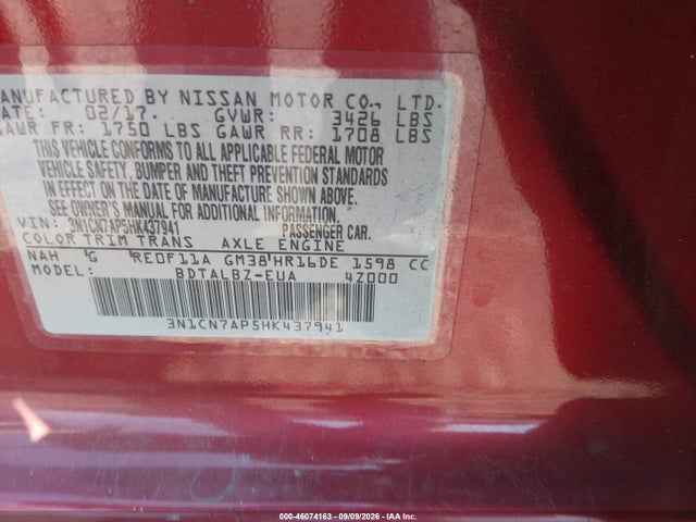 2017 Nissan Versa 1.6 Sv მანქანა იყიდება აუქციონზე, vin: 3N1CN7AP5HK437941, აუქციონის ნომერი: 46074163