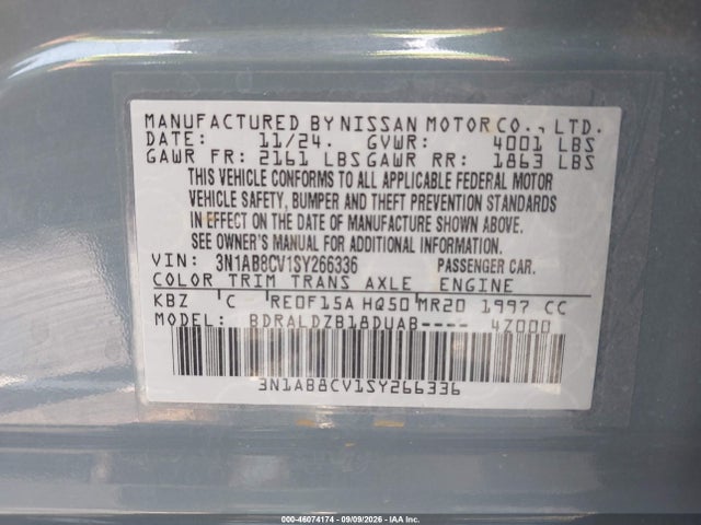 Продаж на аукціоні авто 2025 Nissan Sentra Sv, vin: 3N1AB8CV1SY266336, номер лоту: 46074174