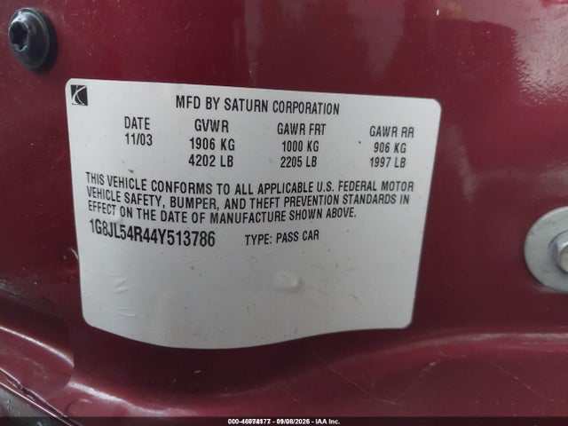 2004 Saturn L300 3 მანქანა იყიდება აუქციონზე, vin: 1G8JL54R44Y513786, აუქციონის ნომერი: 46074177