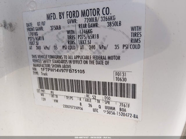 Aukcja sprzedaży 2007 Ford F-150 Fx4/lariat/xlt, vin: 1FTPW14V97FB75105, numer aukcji: 46074187