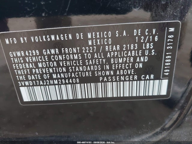 Aukcja sprzedaży 2017 Volkswagen Jetta 1.8t Sport, vin: 3VWD17AJ2HM294408, numer aukcji: 46074193