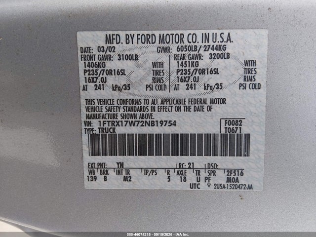 2002 Ford F-150 Lariat/xl/xlt მანქანა იყიდება აუქციონზე, vin: 1FTRX17W72NB19754, აუქციონის ნომერი: 46074215