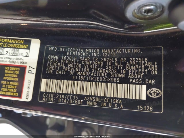 2014 Toyota Camry Se მანქანა იყიდება აუქციონზე, vin: 4T1BF1FK2EU353969, აუქციონის ნომერი: 46074220