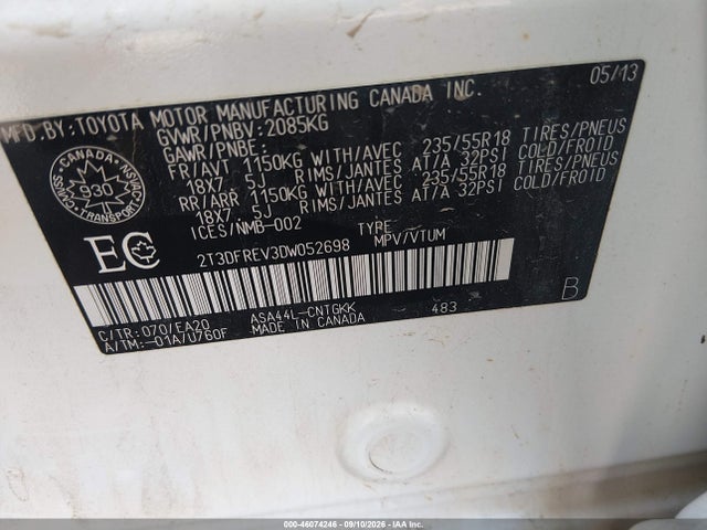 Продаж на аукціоні авто 2013 Toyota Rav4 Limited, vin: 2T3DFREV3DW052698, номер лоту: 46074246