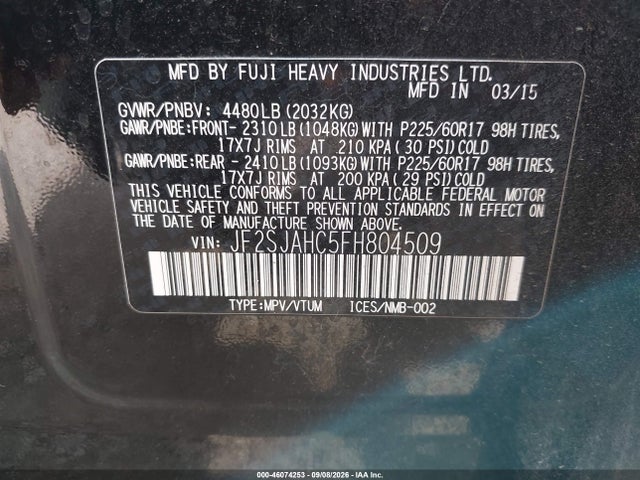 46074253 :رقم المزاد ، JF2SJAHC5FH804509 vin ، 2015 Subaru Forester 2.5i Limited مزاد بيع