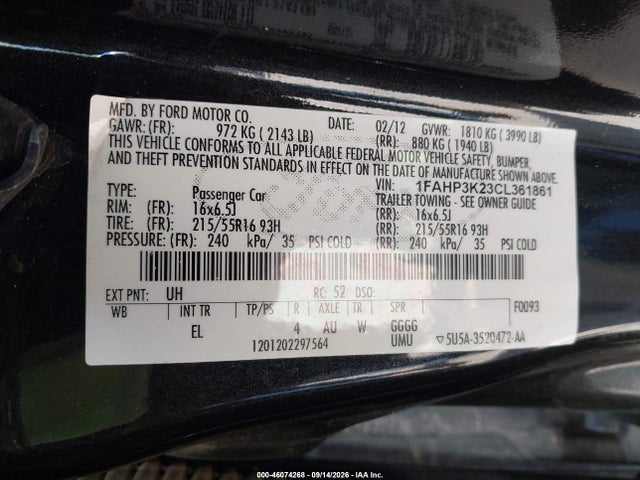 2012 Ford Focus Se მანქანა იყიდება აუქციონზე, vin: 1FAHP3K23CL361861, აუქციონის ნომერი: 46074268