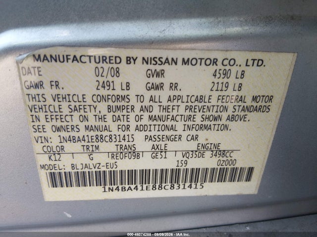 Продажа на аукционе авто 2008 Nissan Maxima 3.5 Se, vin: 1N4BA41E88C831415, номер лота: 46074288
