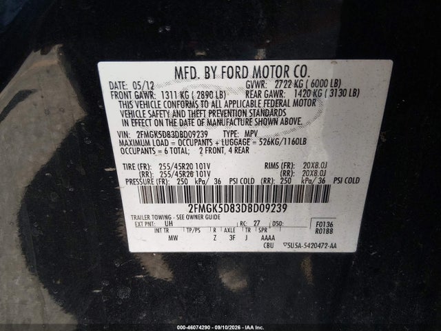46074290 :رقم المزاد ، 2FMGK5D83DBD09239 vin ، 2013 Ford Flex Limited مزاد بيع