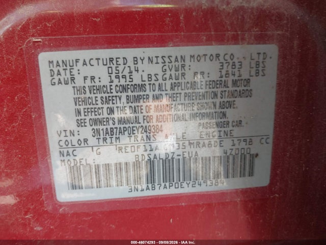 Aukcja sprzedaży 2014 Nissan Sentra Fe+ S/fe+ Sv/s/sl/sr/sv, vin: 3N1AB7AP0EY249384, numer aukcji: 46074293