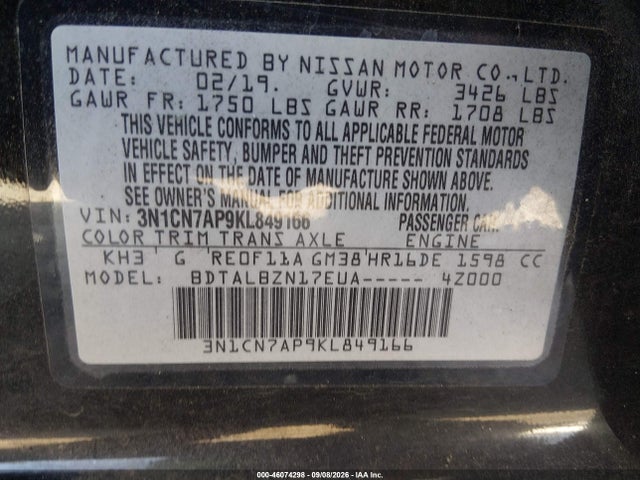 Aukcja sprzedaży 2019 Nissan Versa 1.6 Sv, vin: 3N1CN7AP9KL849166, numer aukcji: 46074298