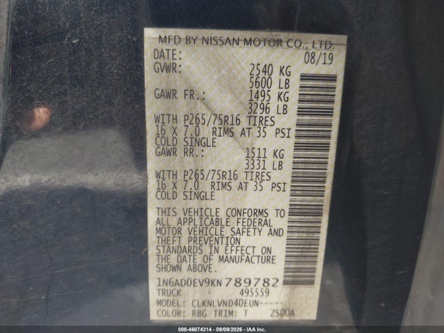 46074314 :رقم المزاد ، 1N6AD0EV9KN789782 vin ، 2019 Nissan Frontier Pro-4x مزاد بيع