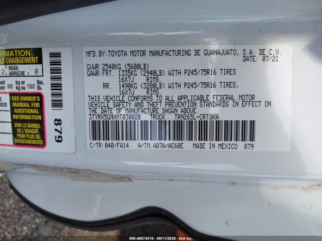 Aukcja sprzedaży 2021 Toyota Tacoma Sr, vin: 3TYRX5GNXMT030020, numer aukcji: 46074319
