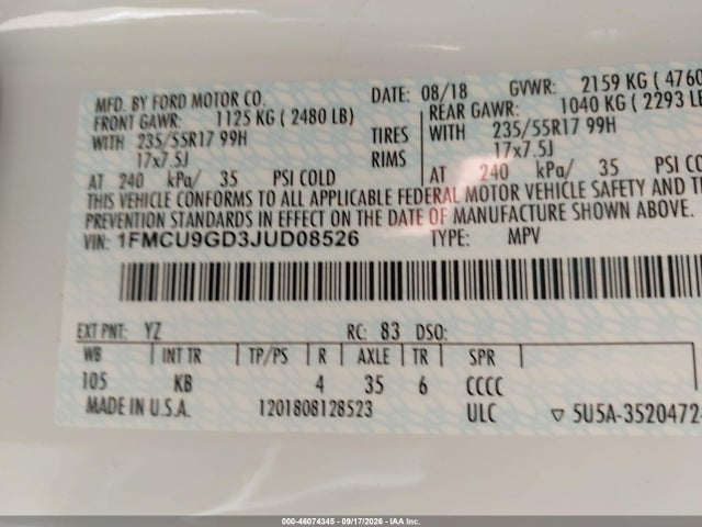 Продаж на аукціоні авто 2018 Ford Escape Se, vin: 1FMCU9GD3JUD08526, номер лоту: 46074345
